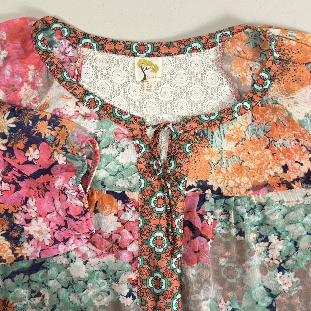 Fig and Flower Floral Lace Back Peasant Blouse Chiffon Sheer Pink Womens 2X
